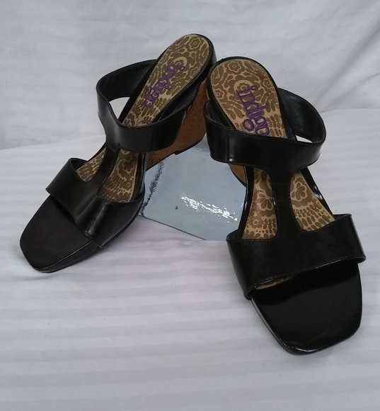 Indigo Womens Sandals 3" Wedge Cork Heels Black Leather Band  Slide On Size 7M - Picture 1 of 8